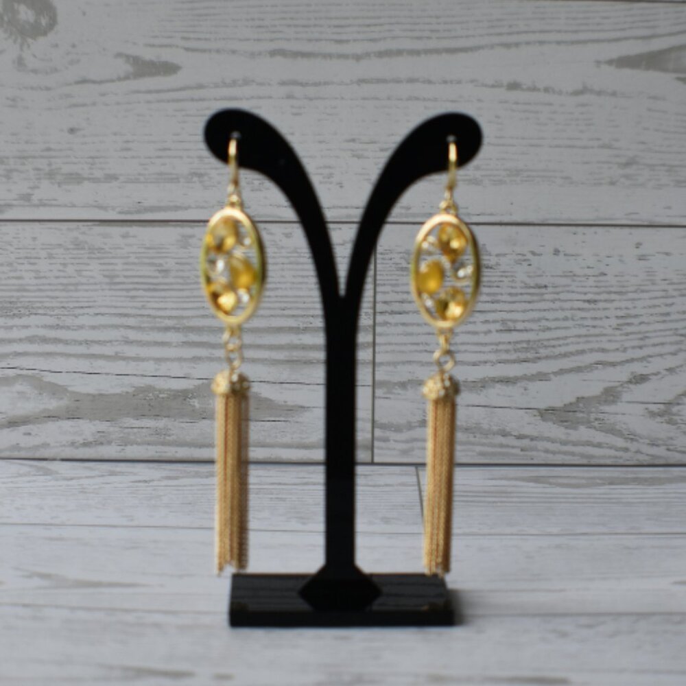 New JLo Gold Tone Dangle Earrings with Stones Preowned Statement Jewelry